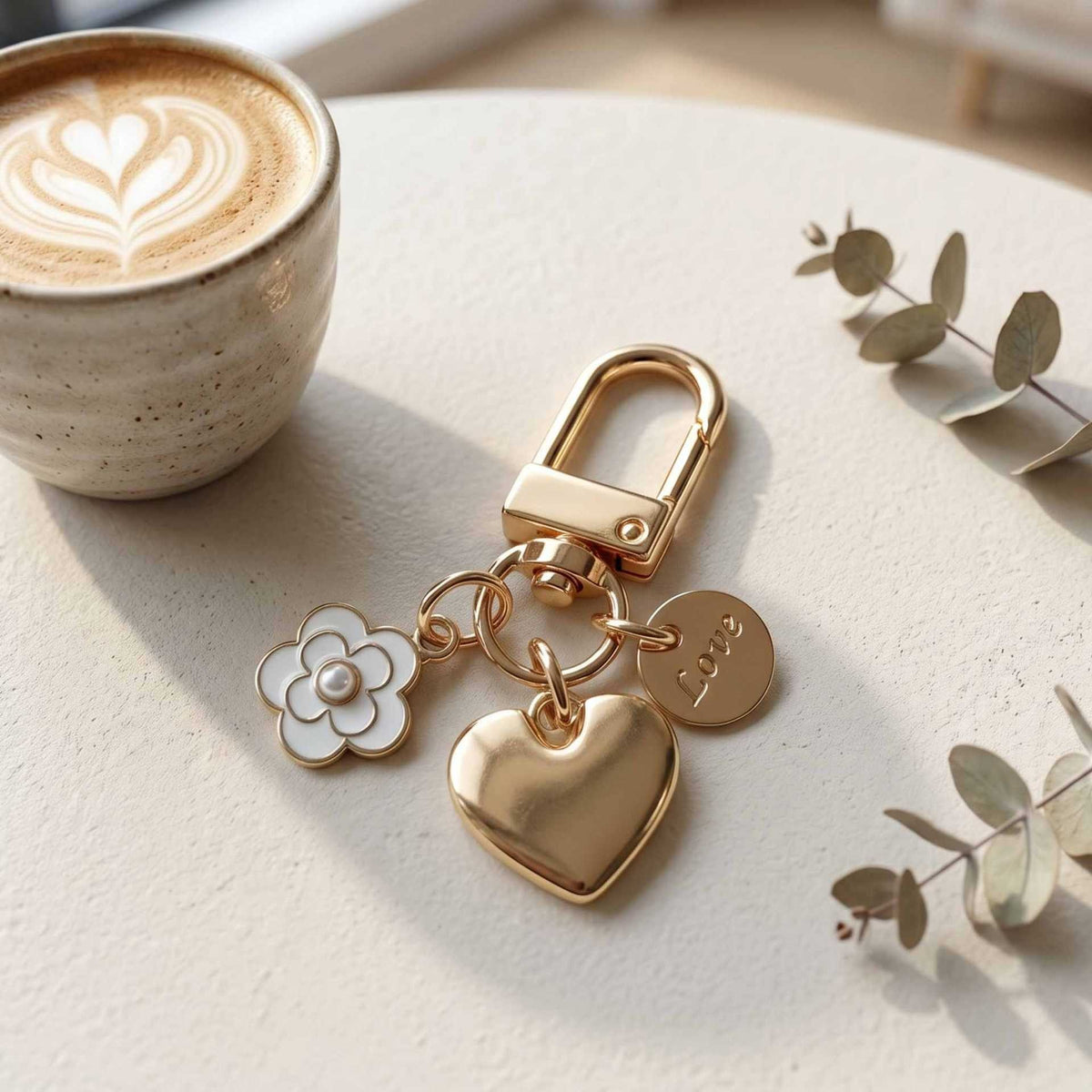 Flower and Puffy Heart Bag Charm Keychain - Gold - 2