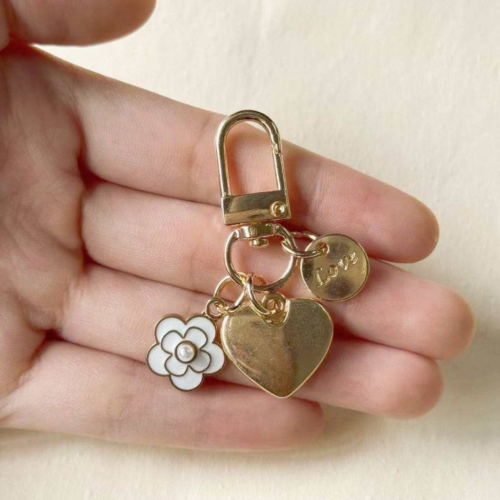 Flower and Puffy Heart Bag Charm Keychain - Gold - 3