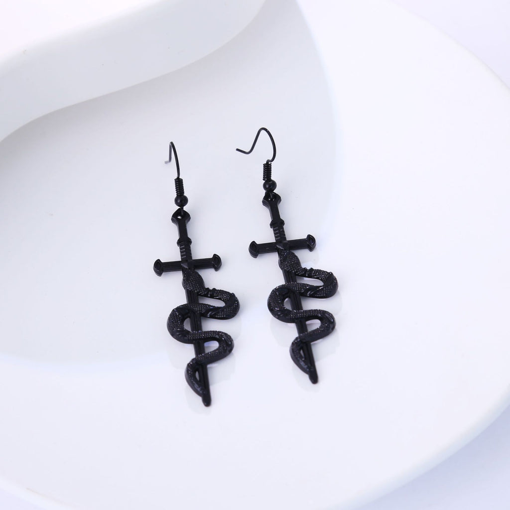 Gothic Coiled Snake Dagger Dangle Earrings - Black