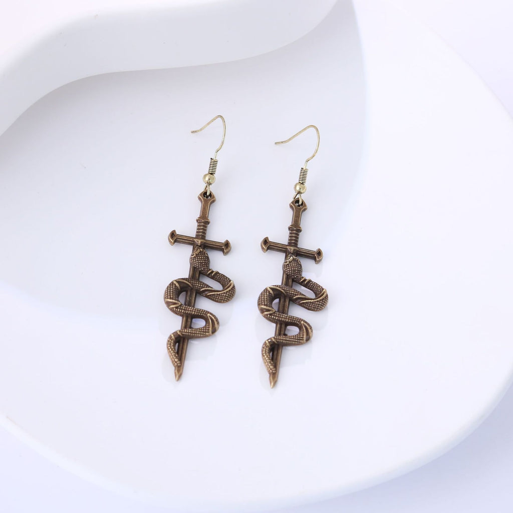 Gothic Coiled Snake Dagger Dangle Earrings - Brown