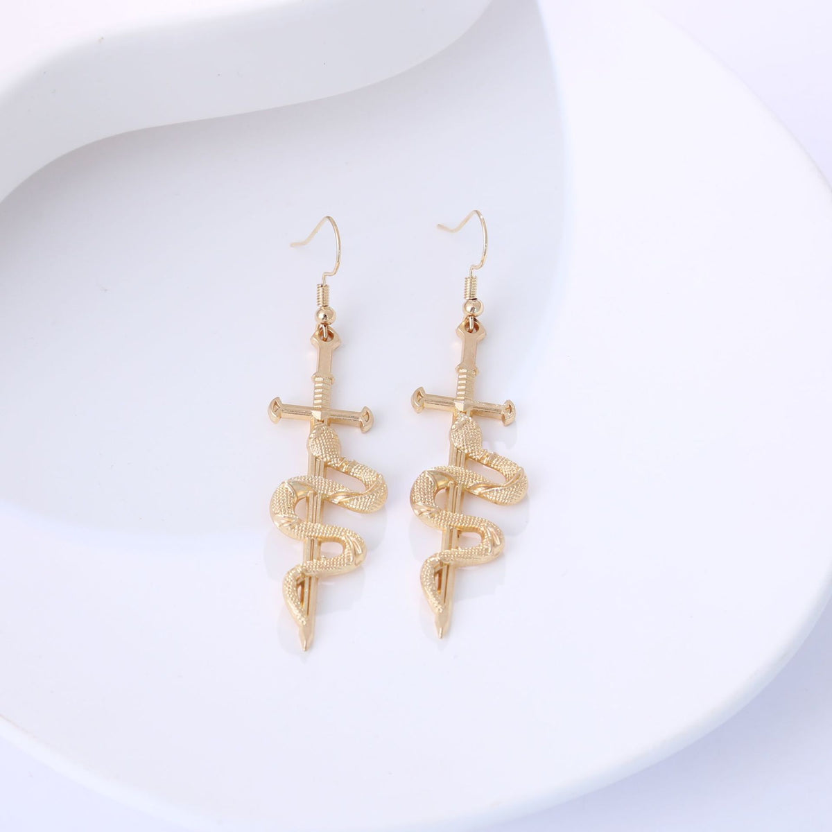 Gothic Coiled Snake Dagger Dangle Earrings - Gold