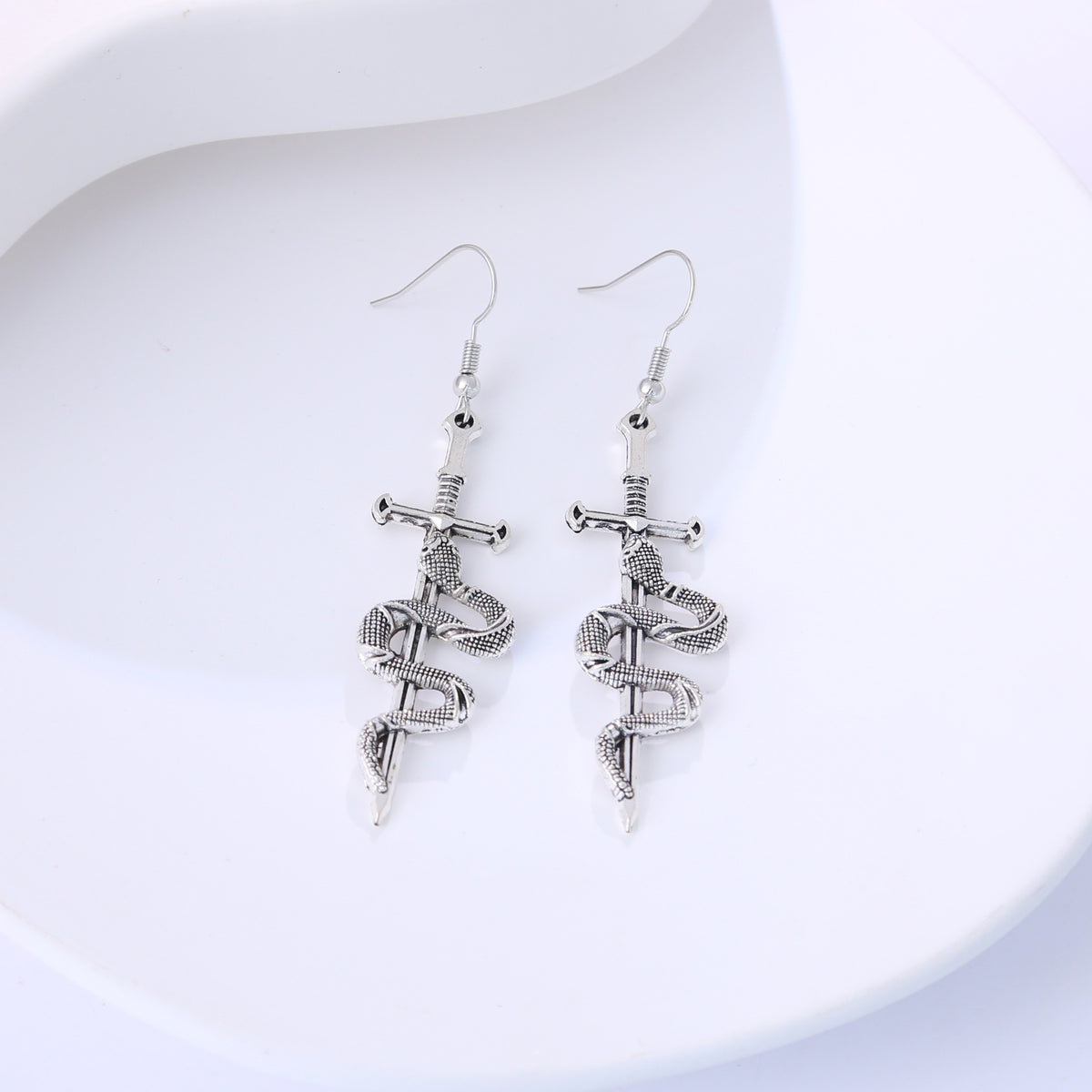 Gothic Coiled Snake Dagger Dangle Earrings - Silver