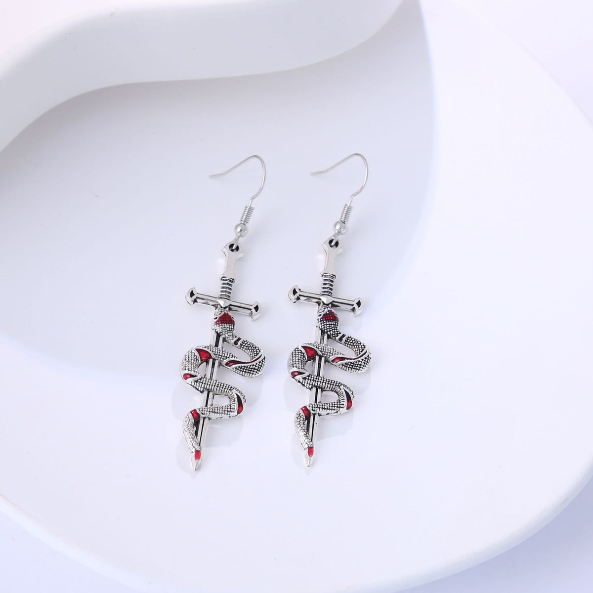 Gothic Coiled Snake Dagger Dangle Earrings - Silver_Red