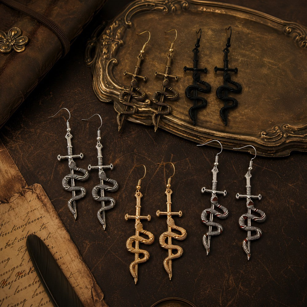 Gothic Coiled Snake Dagger Dangle Earrings