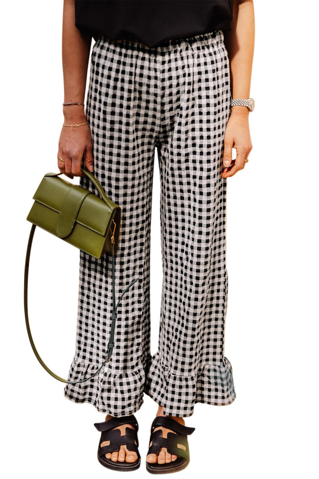 Checked Frill Hem Flared Trousers - black
