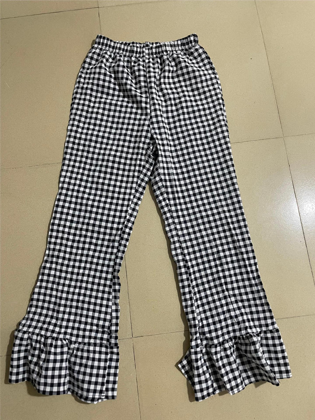 Checked Frill Hem Flared Trousers - black - 1