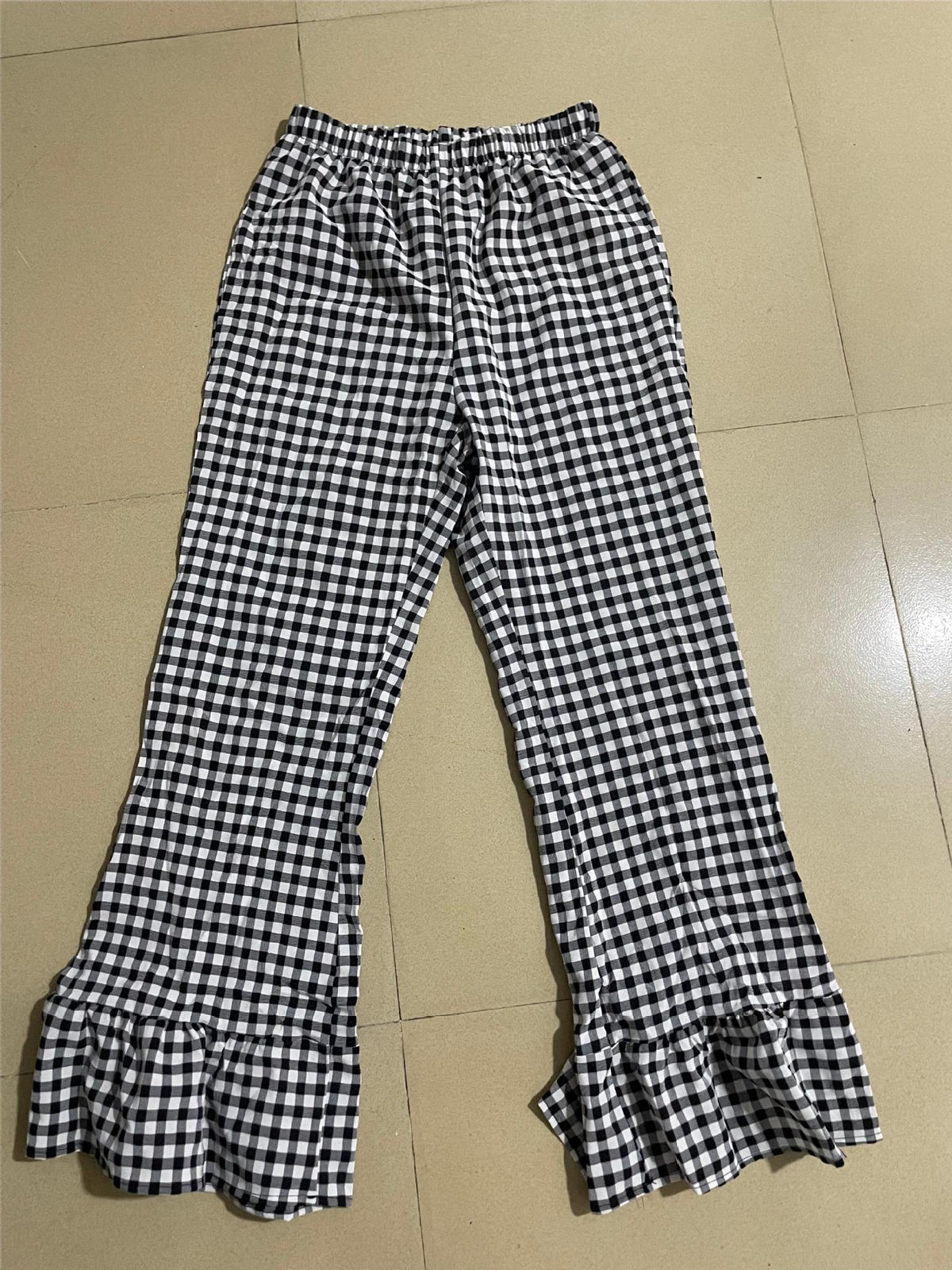 Checked Frill Hem Flared Trousers - black - 1