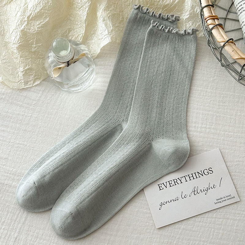 Pointelle Knit Mid Calf Socks With Lettuce Trim - Grey