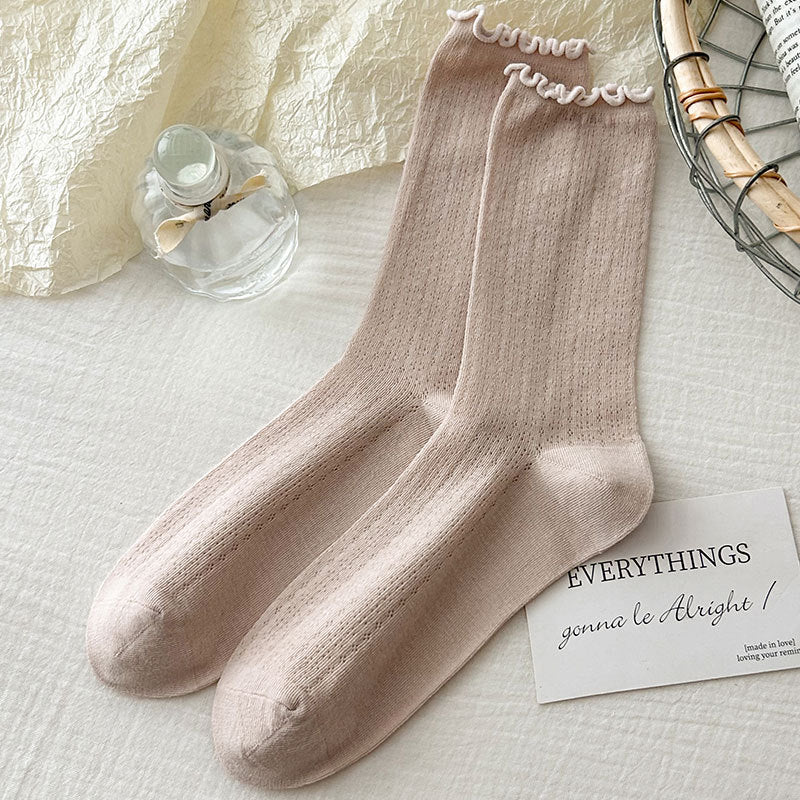 Pointelle Knit Mid Calf Socks With Lettuce Trim - Khaki