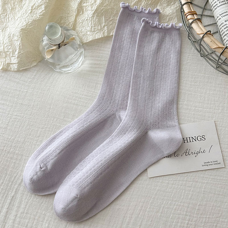 Pointelle Knit Mid Calf Socks With Lettuce Trim - Purple