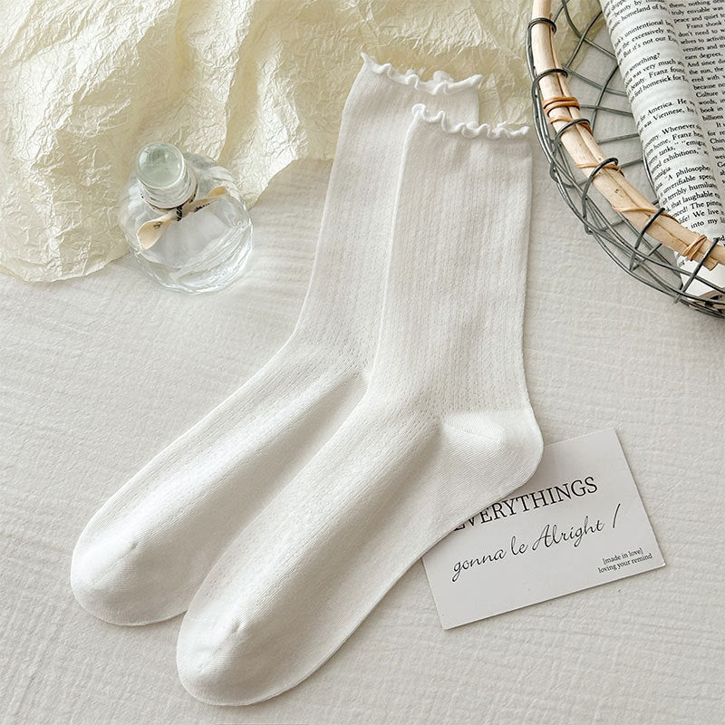 Pointelle Knit Mid Calf Socks With Lettuce Trim - White