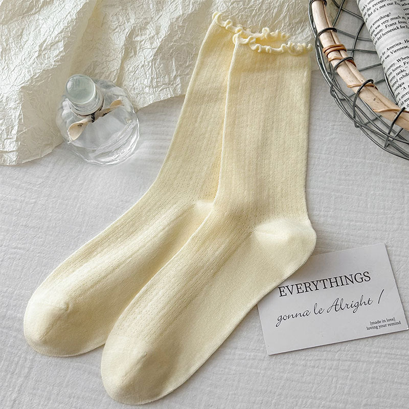 Pointelle Knit Mid Calf Socks With Lettuce Trim - Yellow