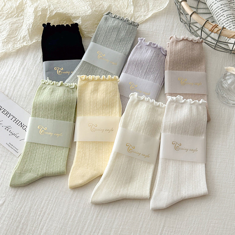 Pointelle Knit Mid Calf Socks With Lettuce Trim