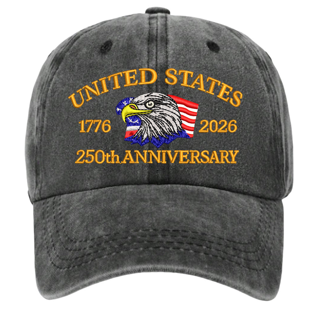 Washed Cotton Eagle Embroidered Baseball Cap - Black