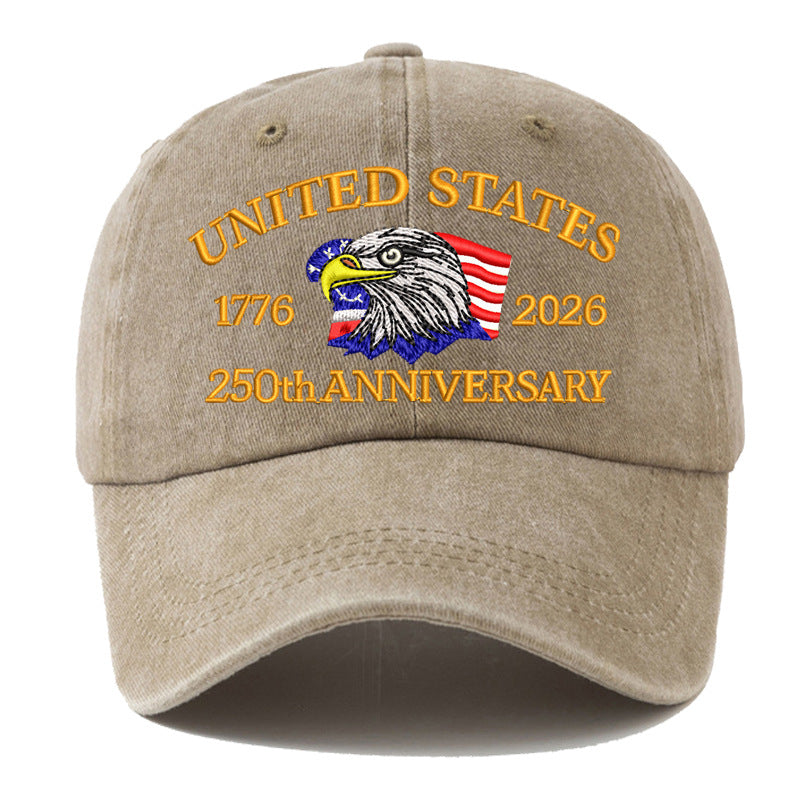 Washed Cotton Eagle Embroidered Baseball Cap - Khaki