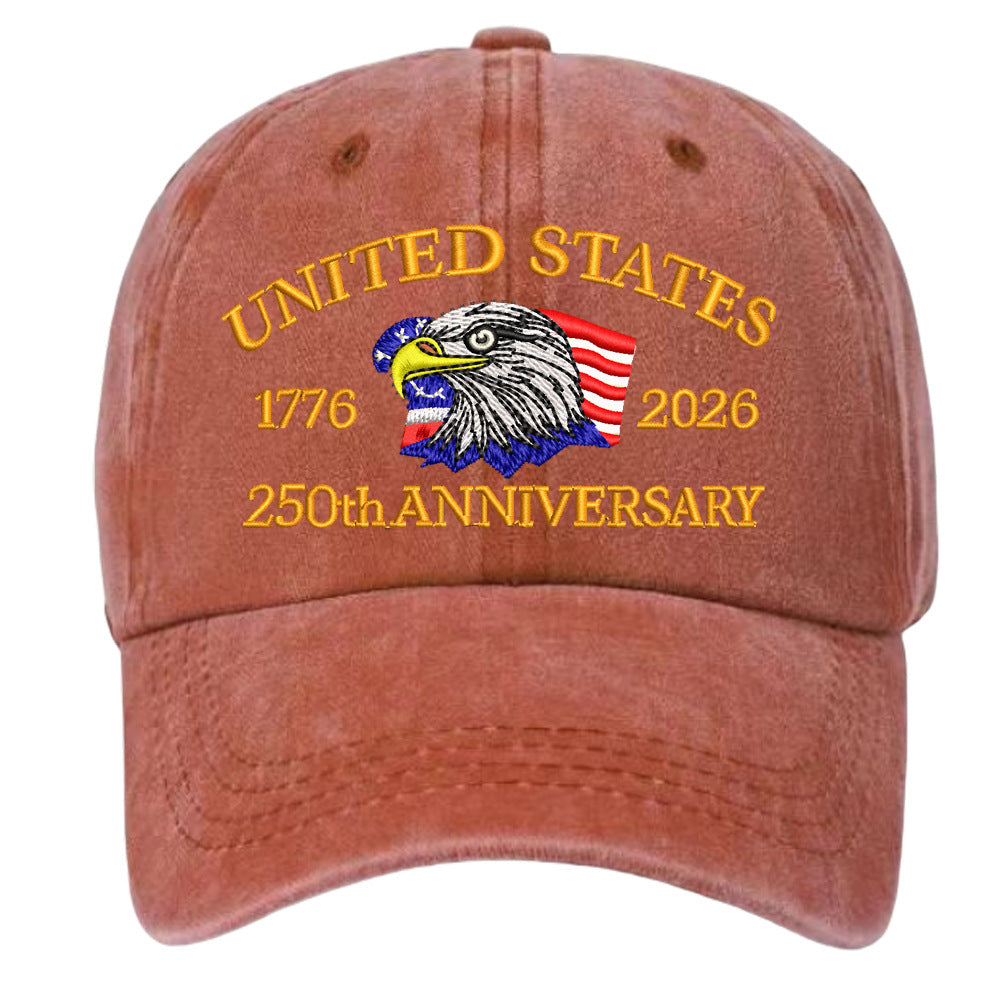 Washed Cotton Eagle Embroidered Baseball Cap - Orange