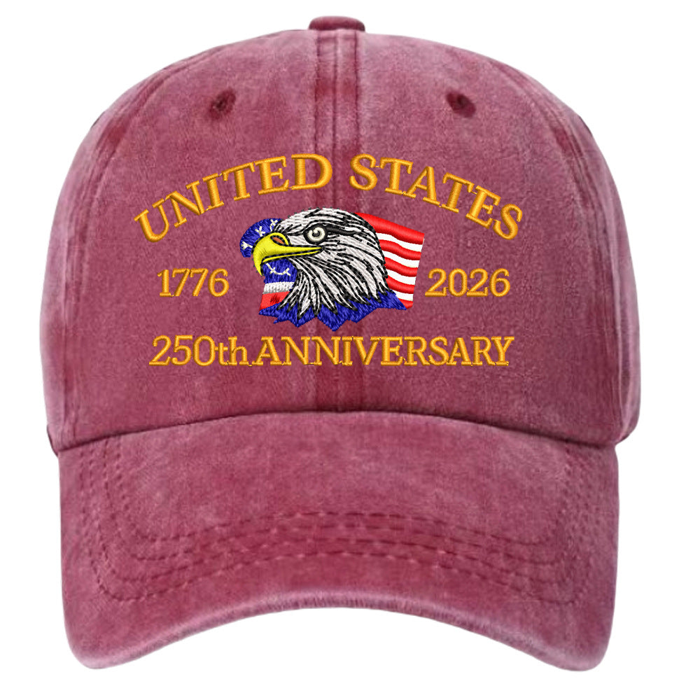 Washed Cotton Eagle Embroidered Baseball Cap - Wine_red