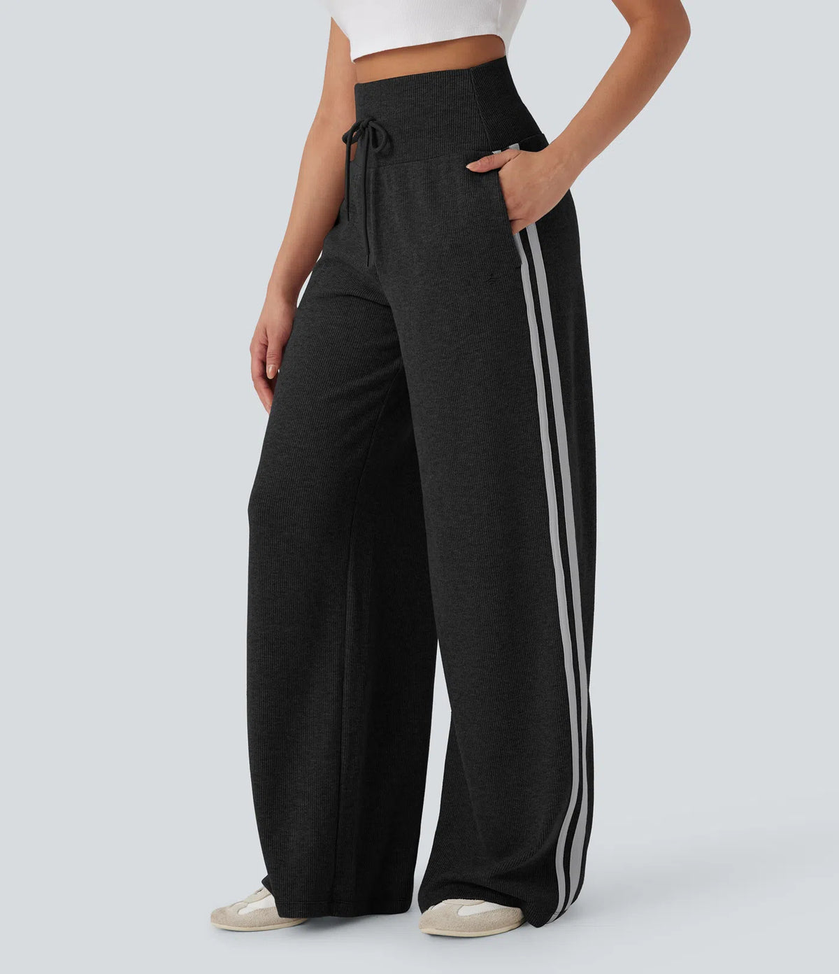 Side Stripe Wide Leg Knit Track Pants - Black