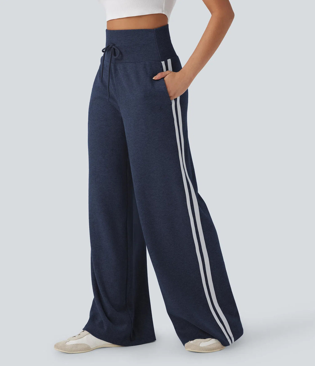 Side Stripe Wide Leg Knit Track Pants - Blue