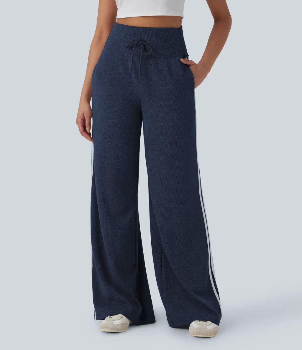 Side Stripe Wide Leg Knit Track Pants - Blue - 1