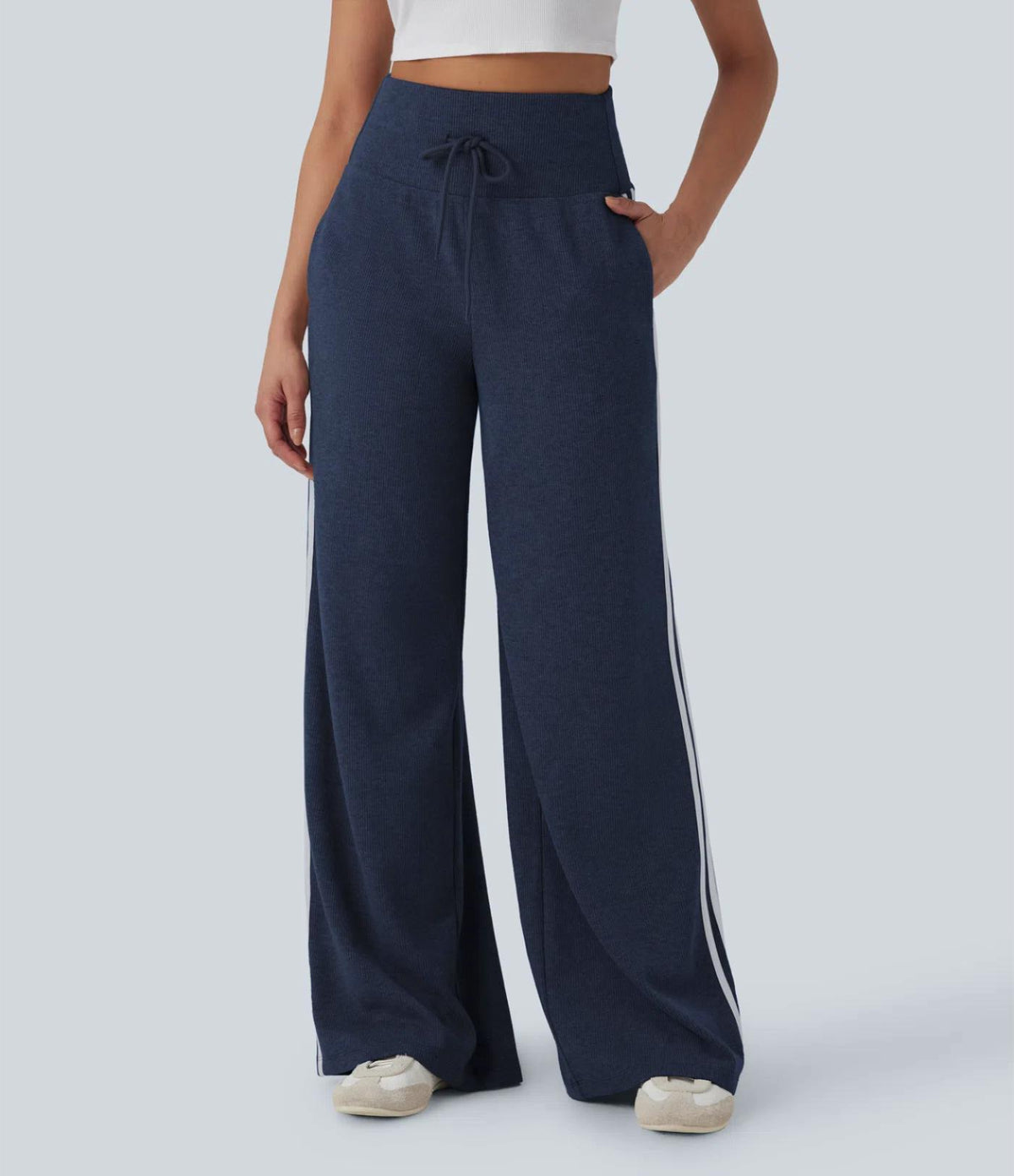 Side Stripe Wide Leg Knit Track Pants - Blue - 1