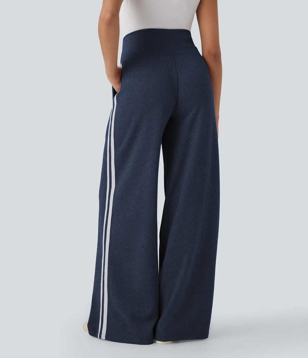 Side Stripe Wide Leg Knit Track Pants - Blue - 6