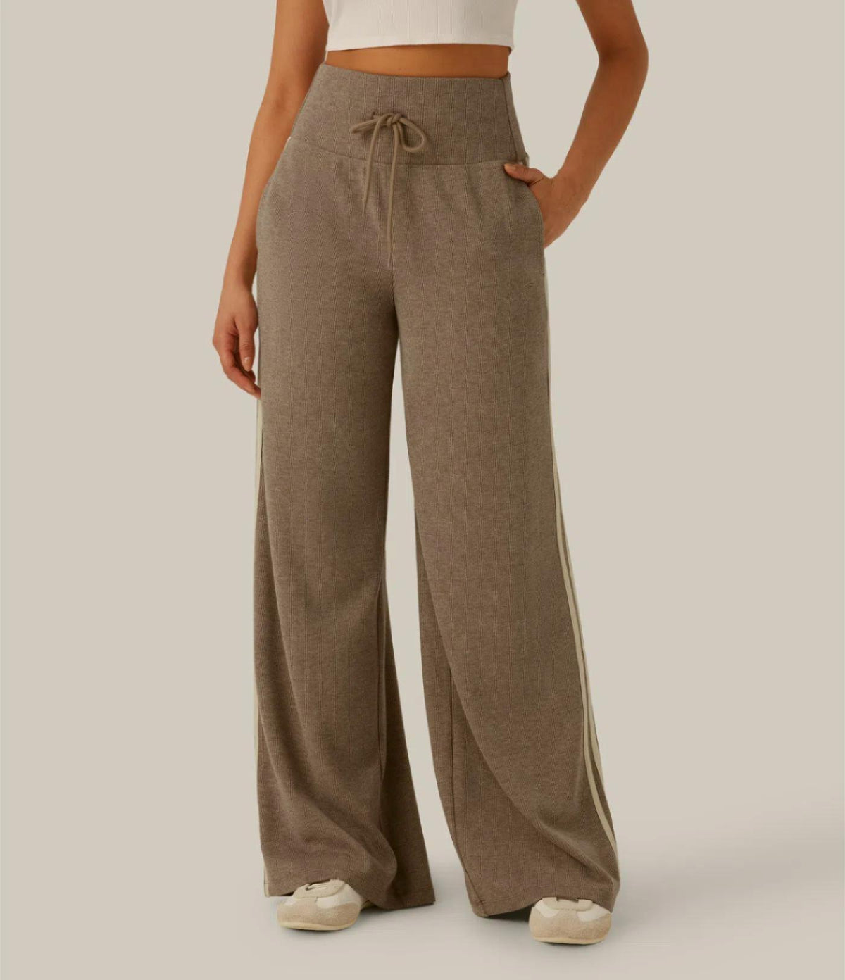 Side Stripe Wide Leg Knit Track Pants - Brown