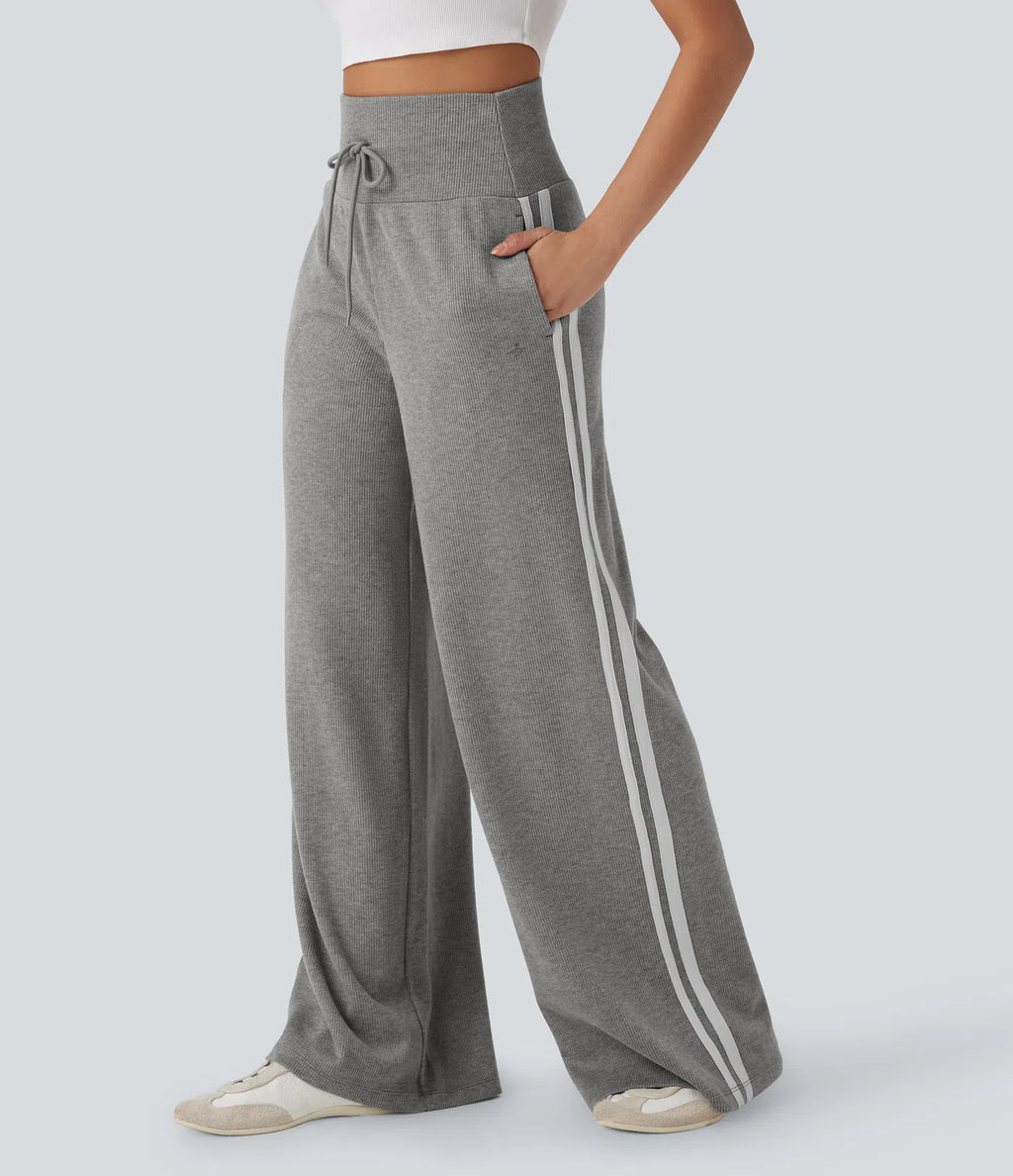 Side Stripe Wide Leg Knit Track Pants - Gray