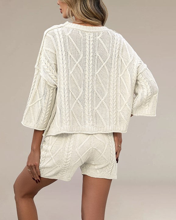 Flared Sleeve Knit Top And Drawstring Shorts Set - Apricot - 1