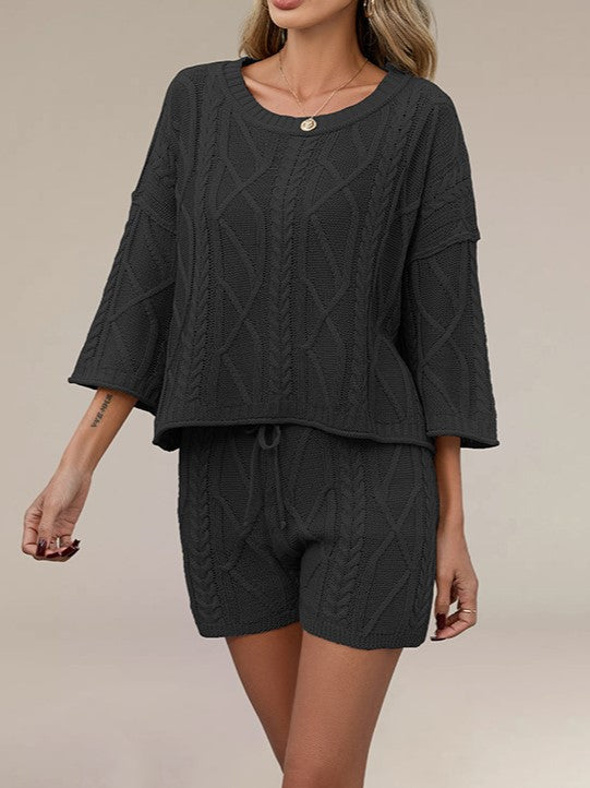 Flared Sleeve Knit Top And Drawstring Shorts Set - Black - 1