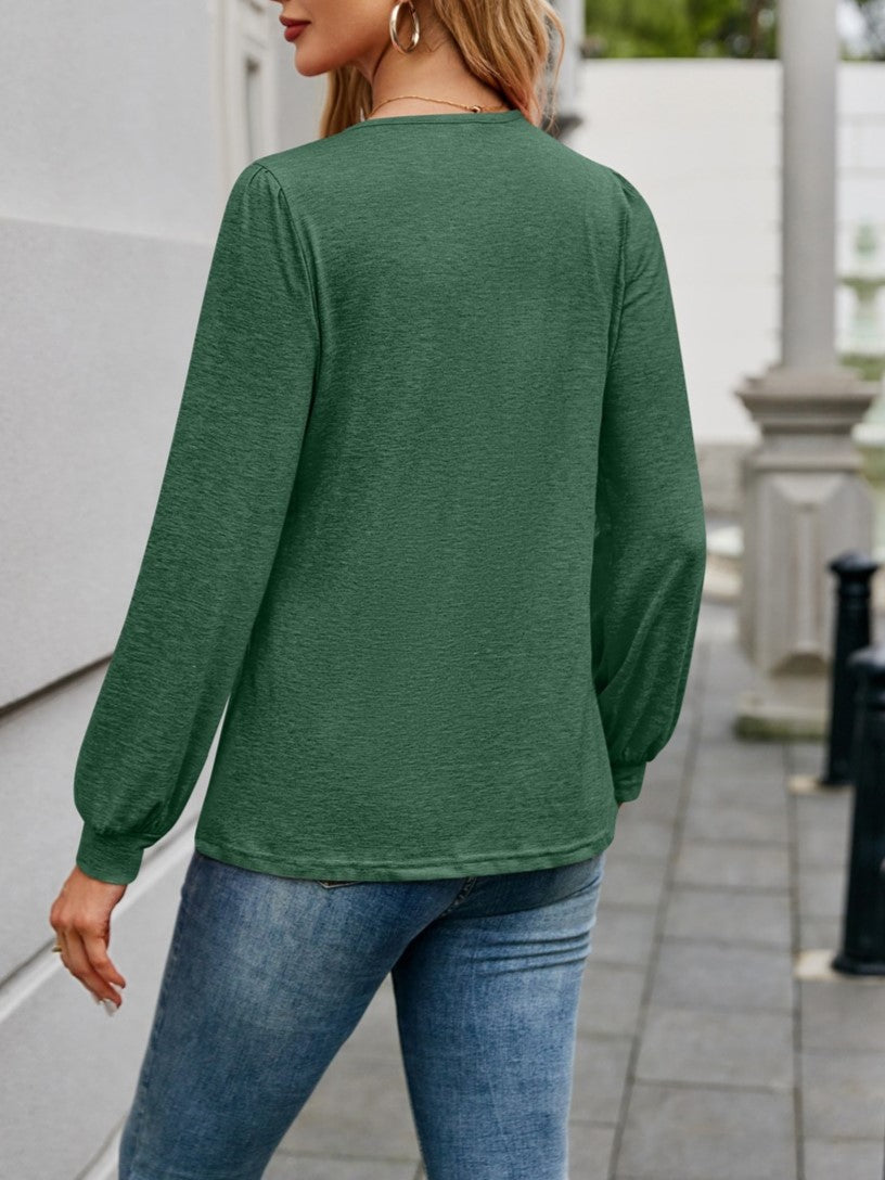 Textured V Neck Blouson Sleeve Blouse - Green - 1