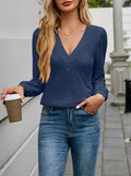 Textured V Neck Blouson Sleeve Blouse - Navyblue