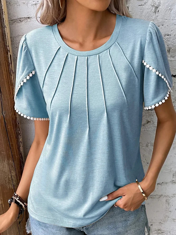 Petal Sleeve Tee With Pom Trim Detail - Blue