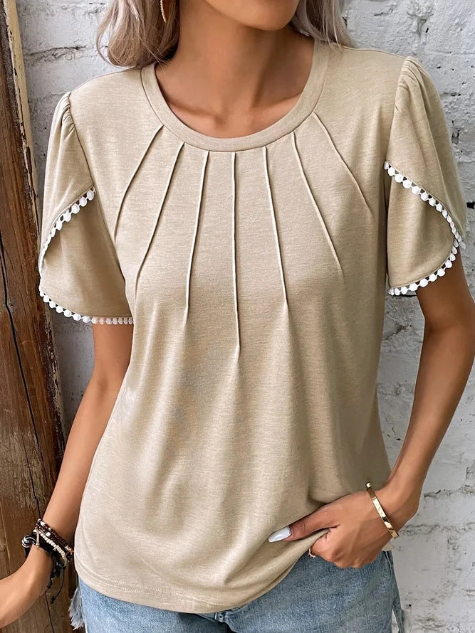 Petal Sleeve Tee With Pom Trim Detail - Khaki