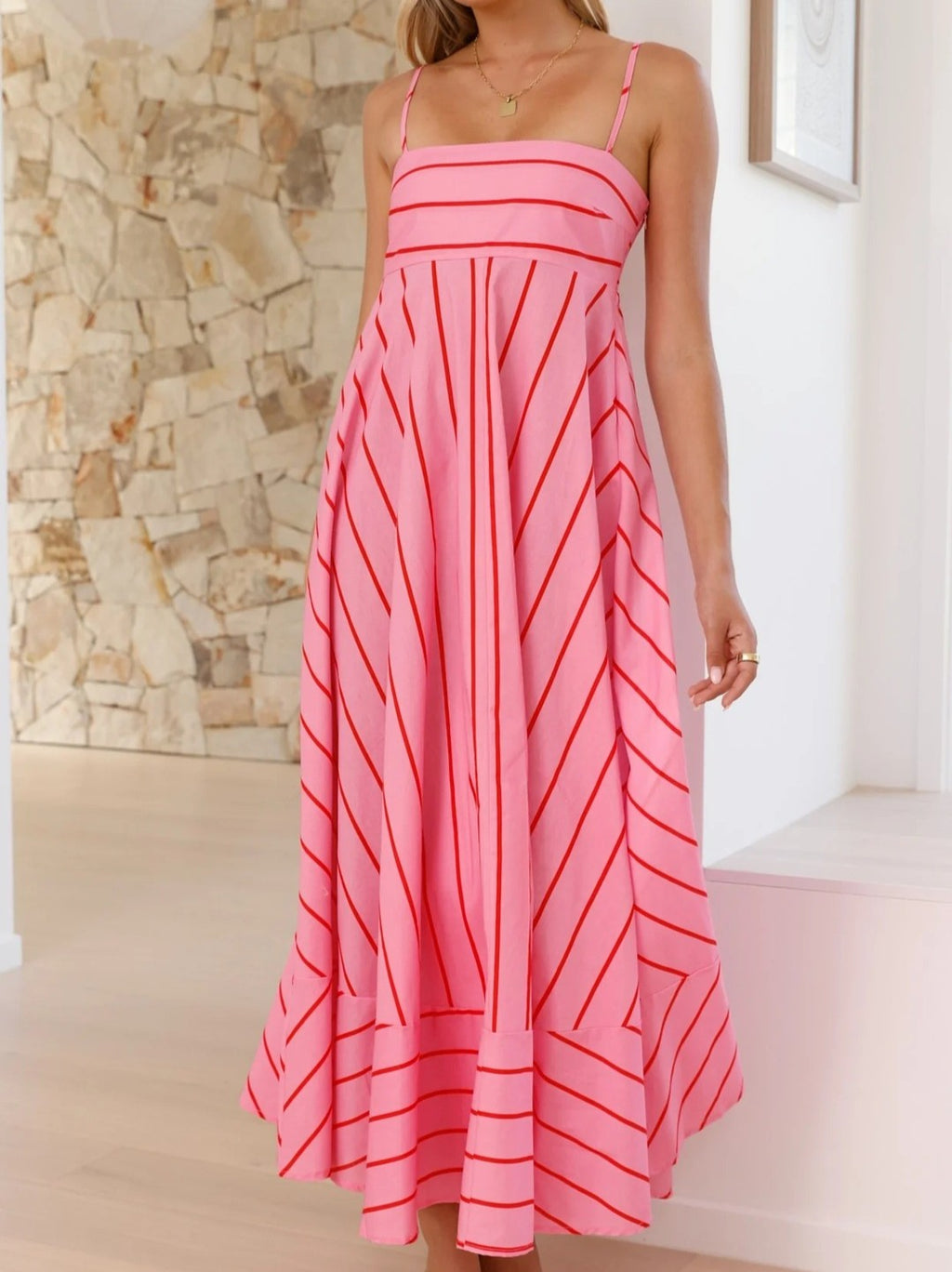 Chevron Stripe Maxi Sundress With Straps - Pink