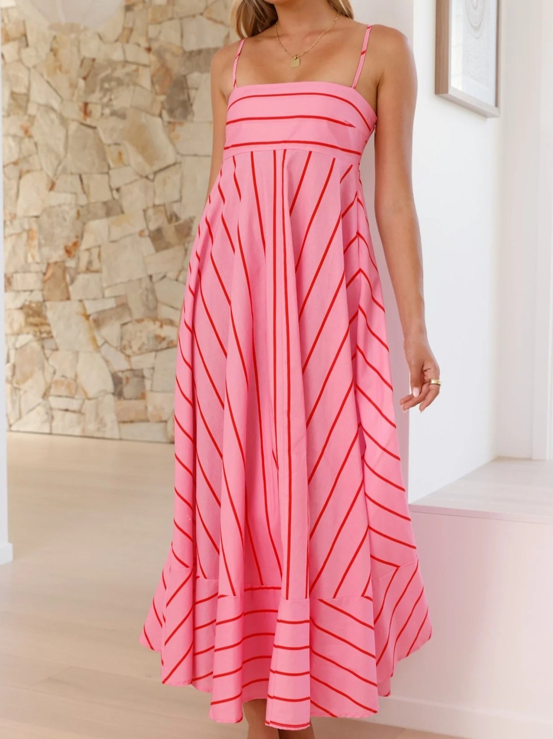 Chevron Stripe Maxi Sundress With Straps - Pink