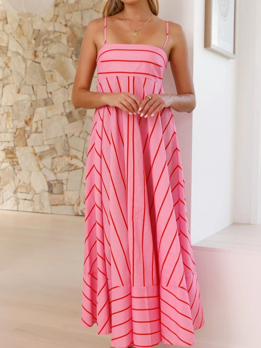Chevron Stripe Maxi Sundress With Straps - Pink - 1