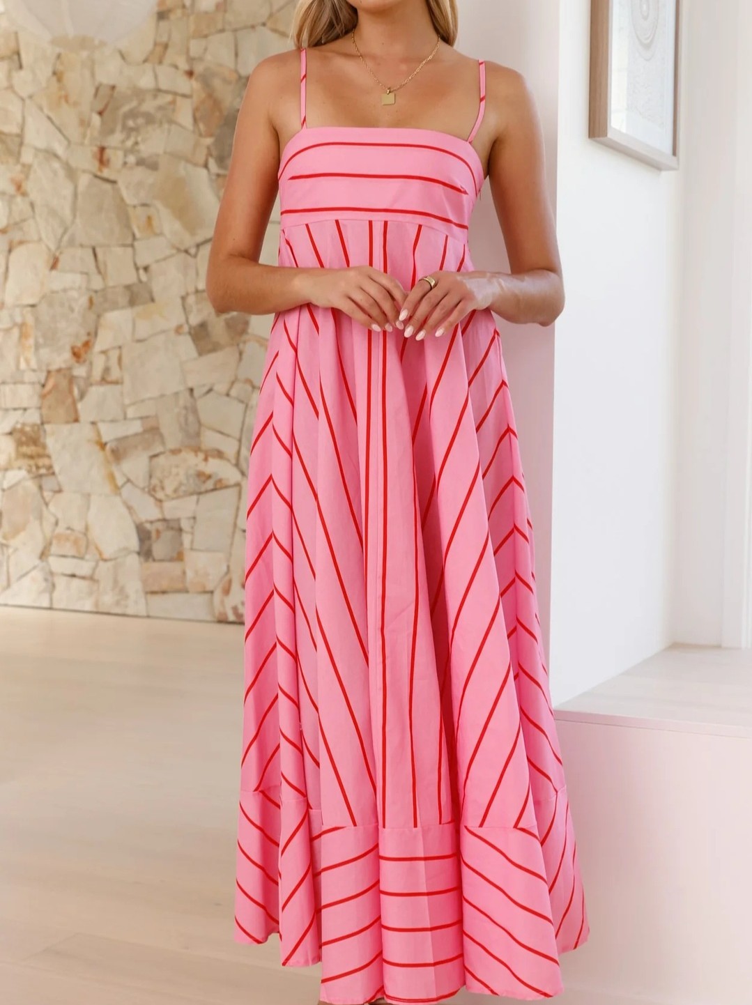 Chevron Stripe Maxi Sundress With Straps - Pink - 1