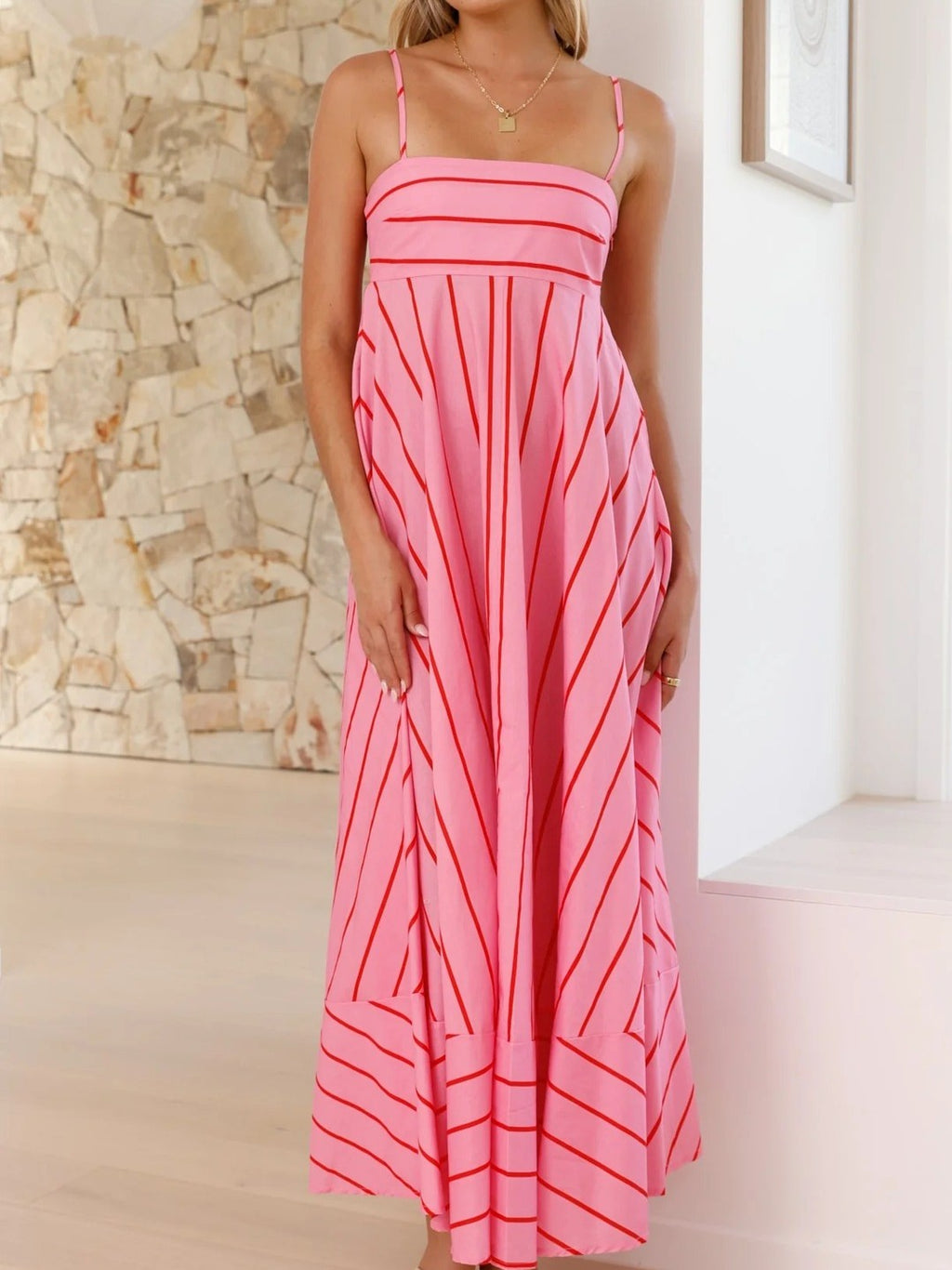 Chevron Stripe Maxi Sundress With Straps - Pink - 2