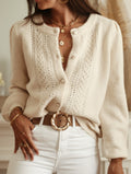 Beige Pointelle Puff Sleeve Button Cardigan - Beige