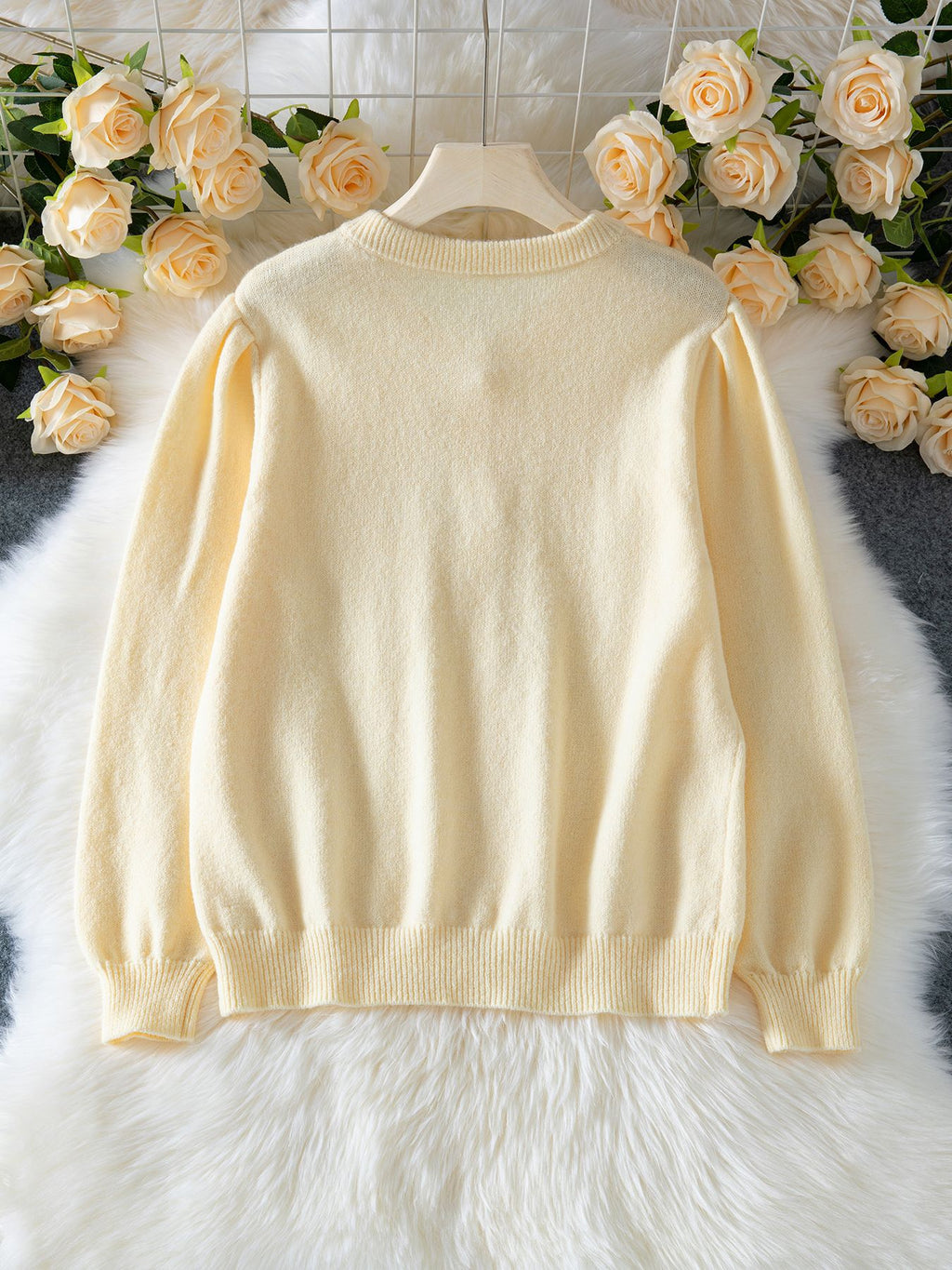 Beige Pointelle Puff Sleeve Button Cardigan - Beige - 2