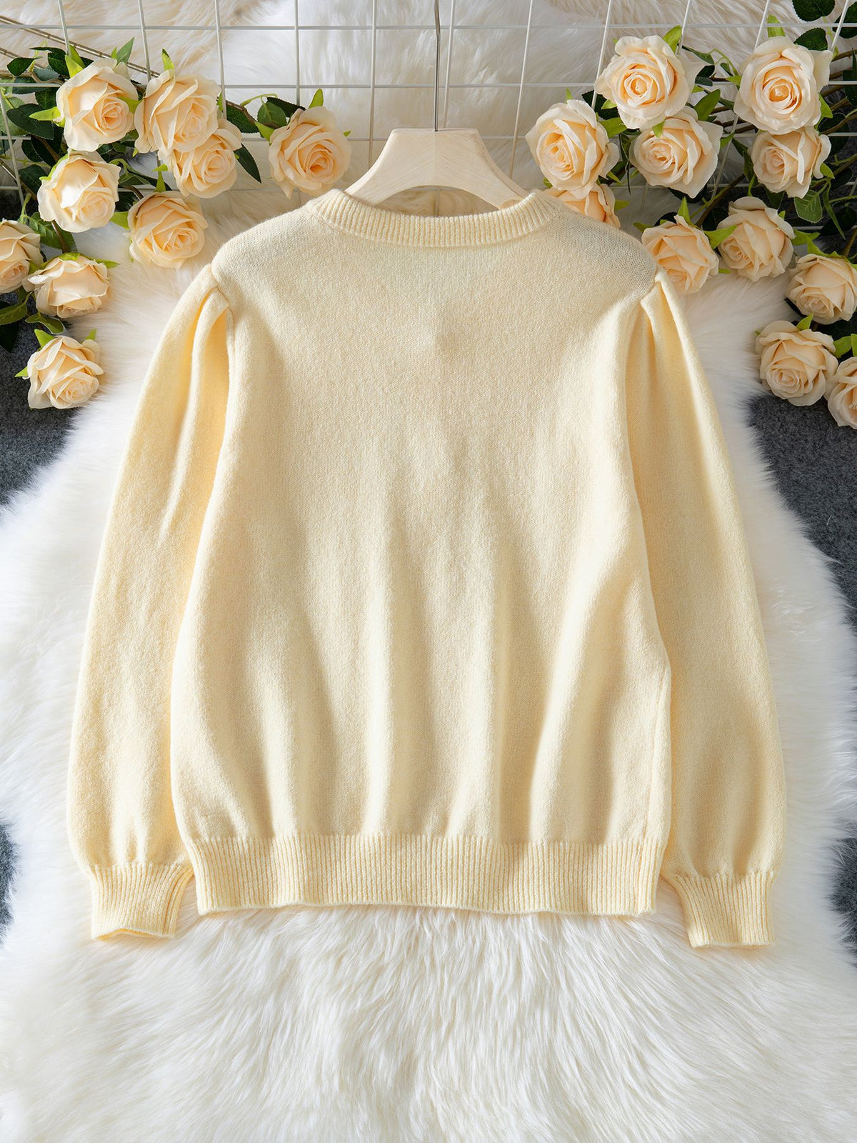 Beige Pointelle Puff Sleeve Button Cardigan - Beige - 2