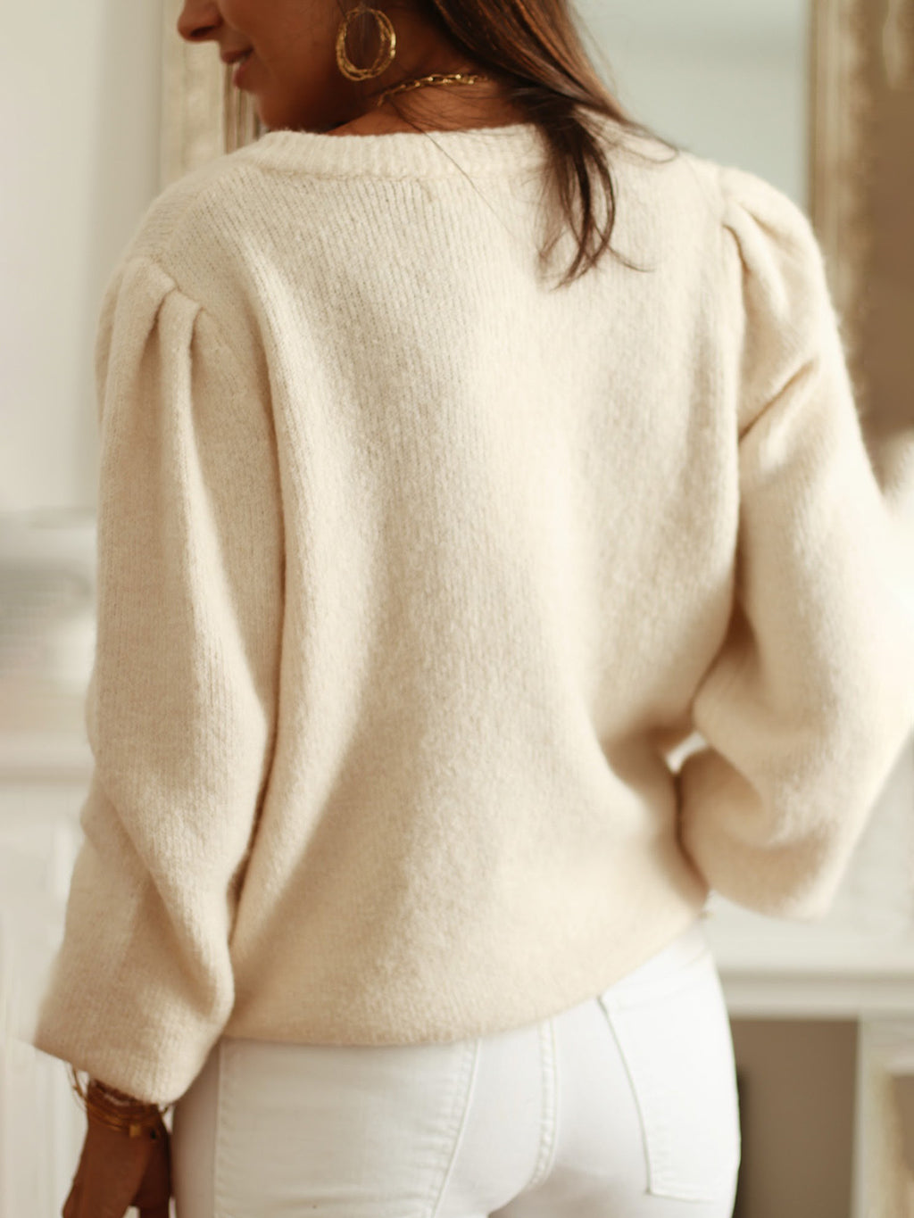 Beige Pointelle Puff Sleeve Button Cardigan - Beige - 3