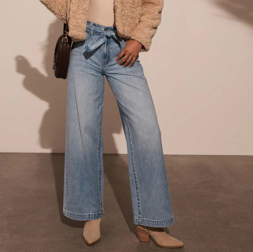 High Waisted Belted Wide Leg Jeans - blue - 1