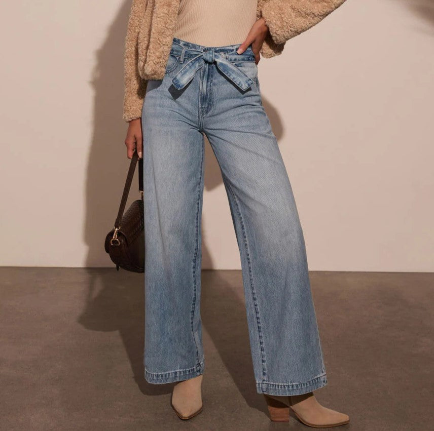 High Waisted Belted Wide Leg Jeans - blue - 2