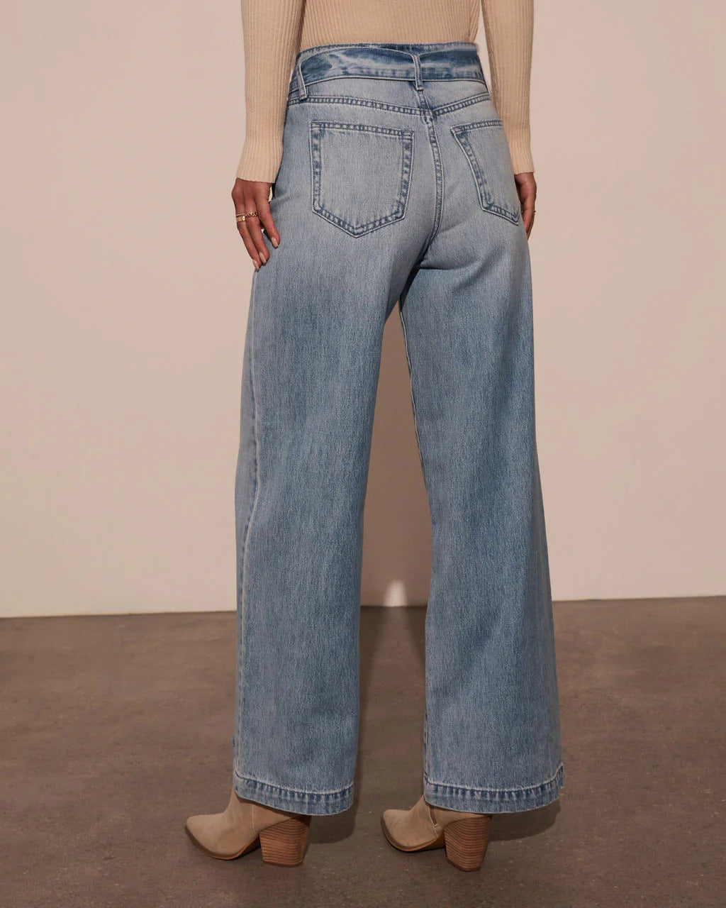 High Waisted Belted Wide Leg Jeans - blue - 3