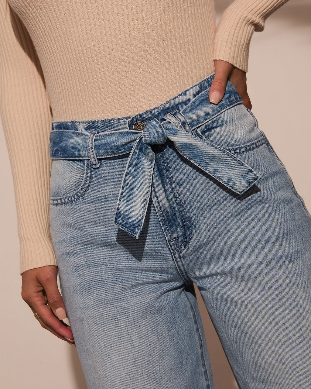 High Waisted Belted Wide Leg Jeans - blue - 4