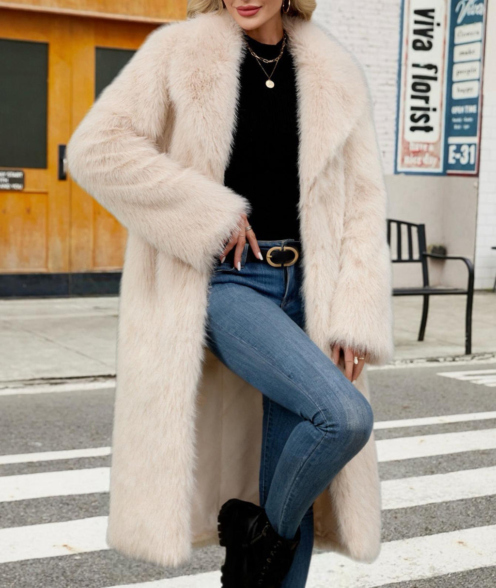 Longline Faux Fur Notch Lapel Coat - apricot - 2