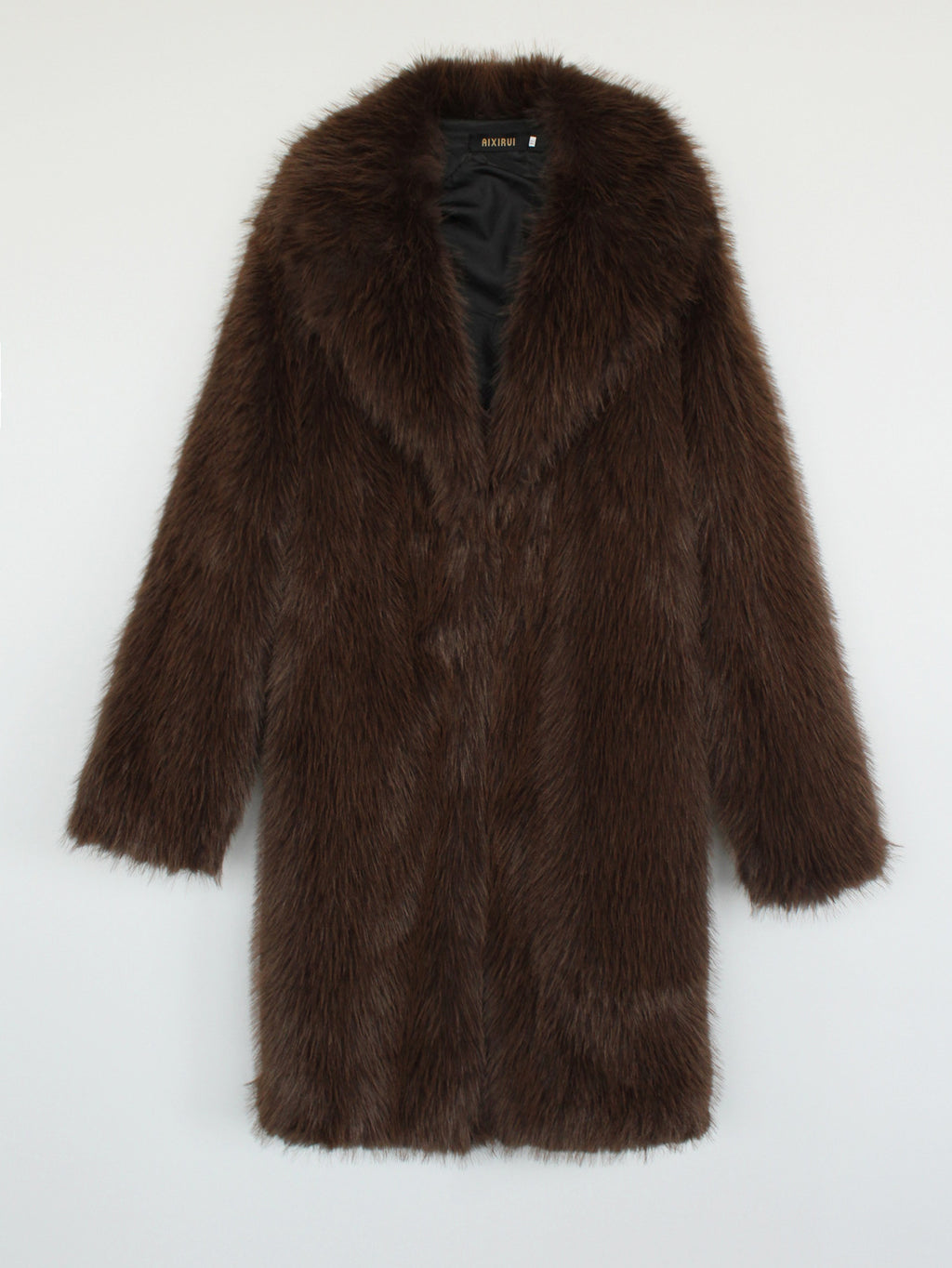 Longline Faux Fur Notch Lapel Coat - coffee