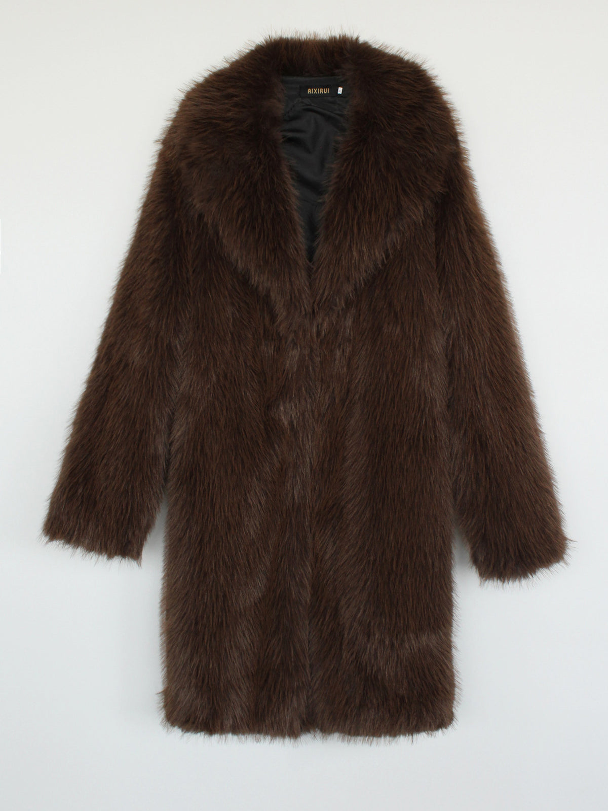 Longline Faux Fur Notch Lapel Coat - coffee